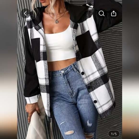 Tops - Women's Hooded Flannel Button Up Shirt Blk/White NWOT